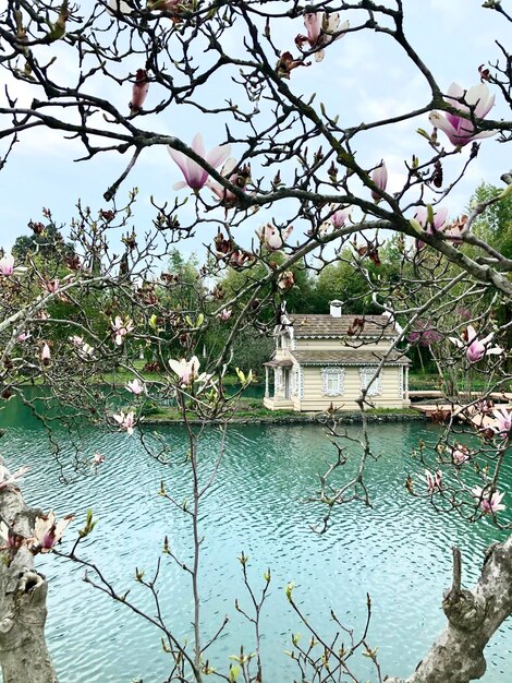 Scenic view of lake by building against sky