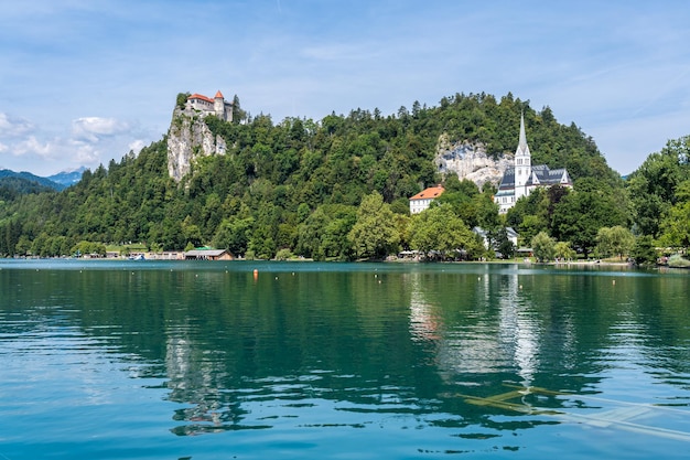 Scenic view of lake by building against sky