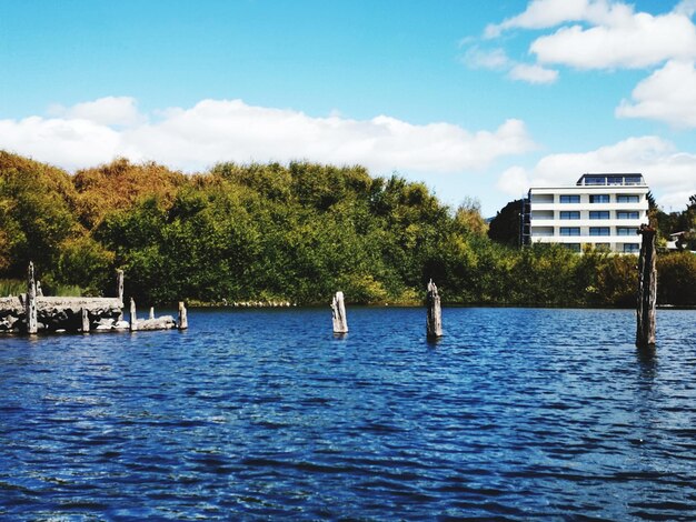 Scenic view of lake by building against sky