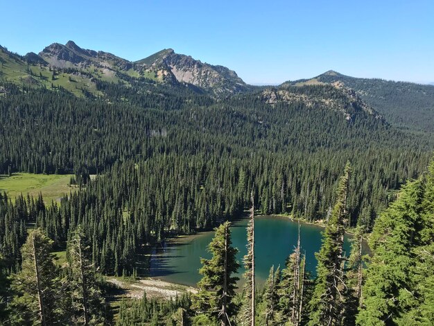 Scenic view of lake by mountains against sky