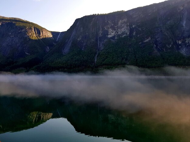 Scenic view of lake by mountains against sky