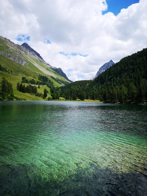 Scenic view of lake by mountains against sky