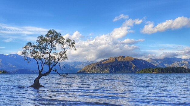 Scenic view of lake by mountains against sky