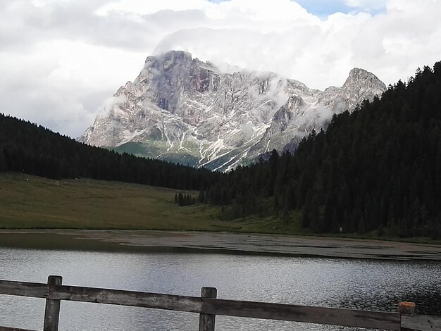 Scenic view of lake by mountains against sky