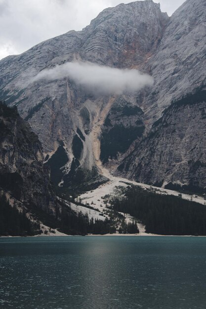 Scenic view of lake by mountains against sky