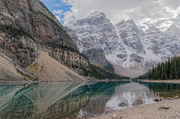 Scenic view of lake by mountains against sky