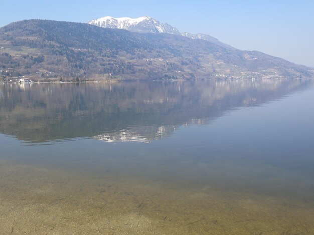 Scenic view of lake by mountains against sky