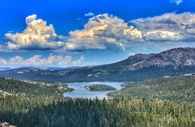 Scenic view of lake by mountains against sky