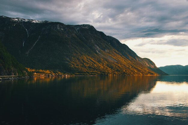 Scenic view of lake by mountains against sky