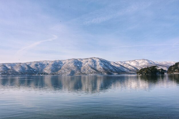 Scenic view of lake by mountains against sky