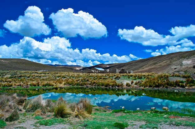 Scenic view of lake by mountains against sky