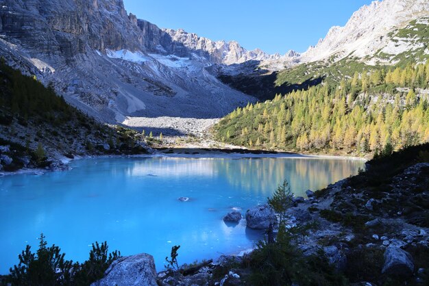 Scenic view of lake by mountains against sky