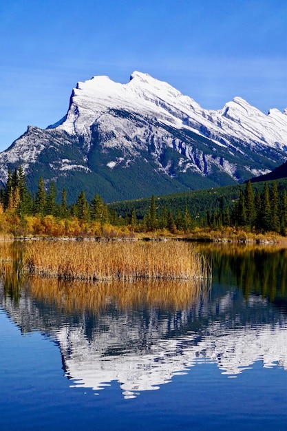 Photo scenic view of lake by snowcapped mountains against blue sky