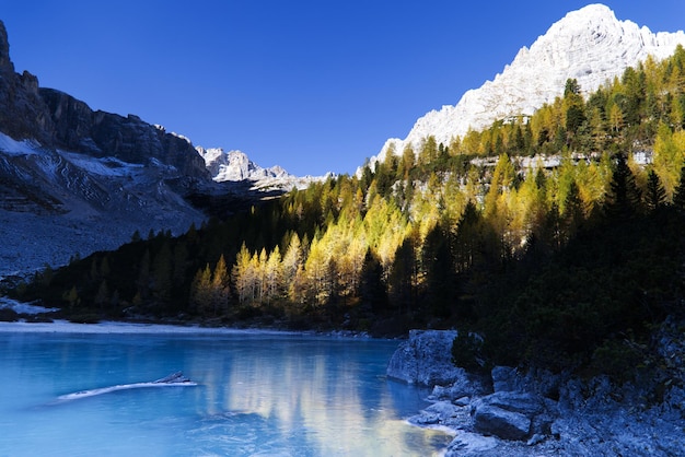 Scenic view of lake by snowcapped mountains against clear sky