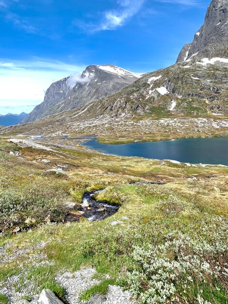 Scenic view of lake by snowcapped mountains against sky