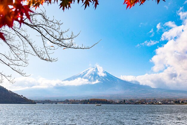 Scenic view of lake by snowcapped mountains against sky