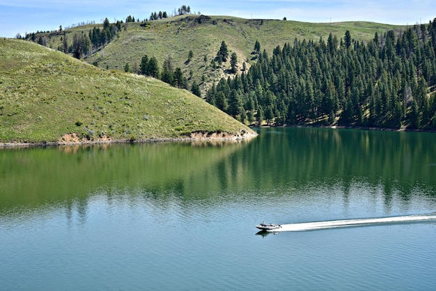 Foto la vista panoramica del lago dalla montagna degli alberi