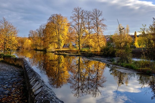 Scenic view of lake by trees against sky during autumn