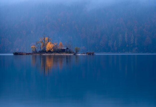 Scenic view of lake by trees against sky