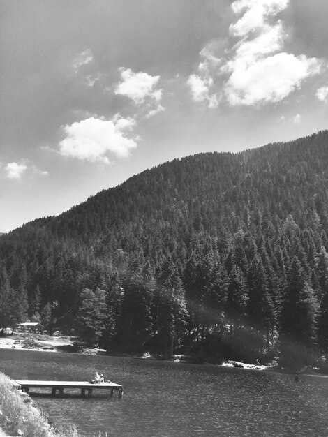 Scenic view of lake by trees against sky