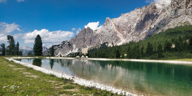 Scenic view of lake by trees against sky