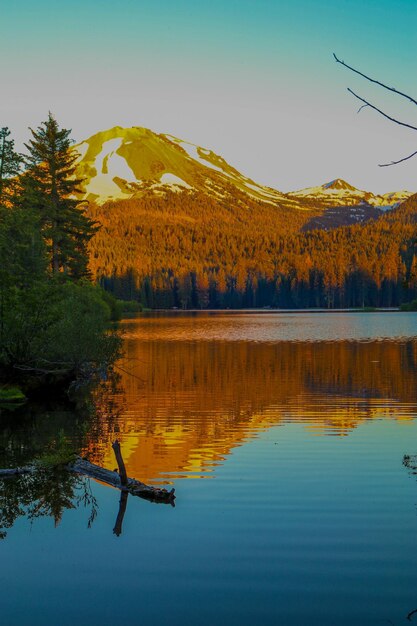 Photo scenic view of lake in forest during sunset