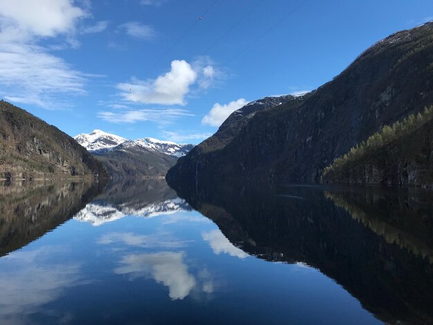 Scenic view of lake and mountains against blue sky