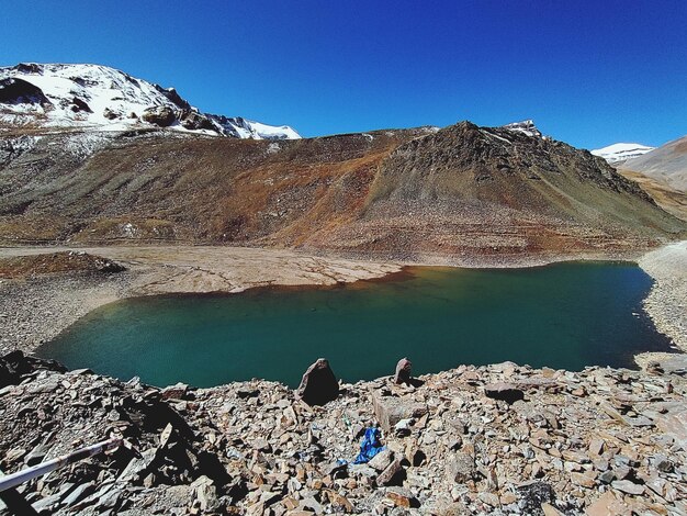 Scenic view of lake and mountains against blue sky