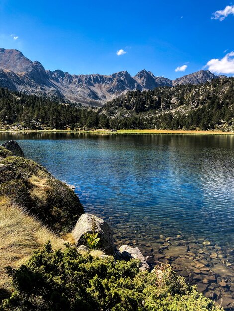 Scenic view of lake and mountains against blue sky