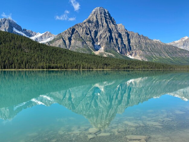 Scenic view of lake and mountains against blue sky