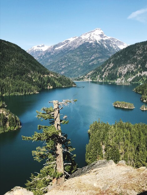 Foto vista panoramica del lago e delle montagne sul cielo blu