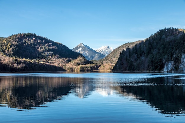 Foto vista panoramica del lago e delle montagne sul cielo blu