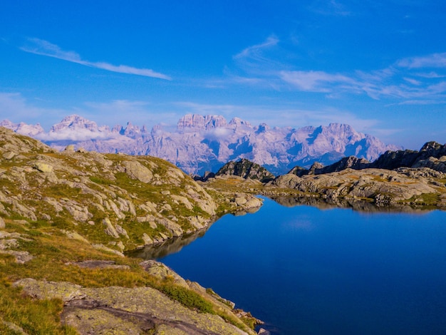 Scenic view of lake and mountains against blue sky