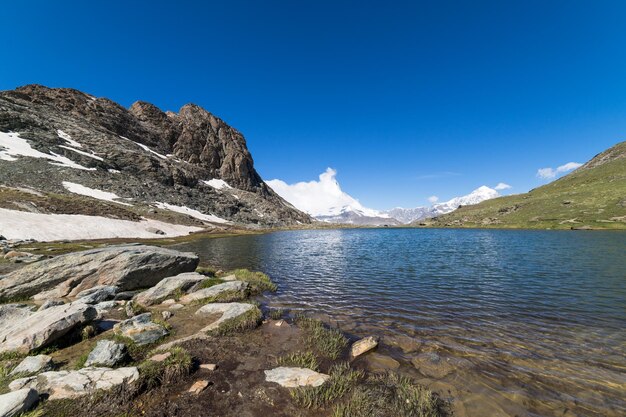 Scenic view of lake and mountains against blue sky