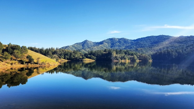 澄んだ青い空を背景に湖と山の景色