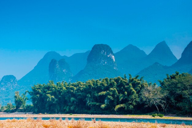 Scenic view of lake and mountains against clear blue sky