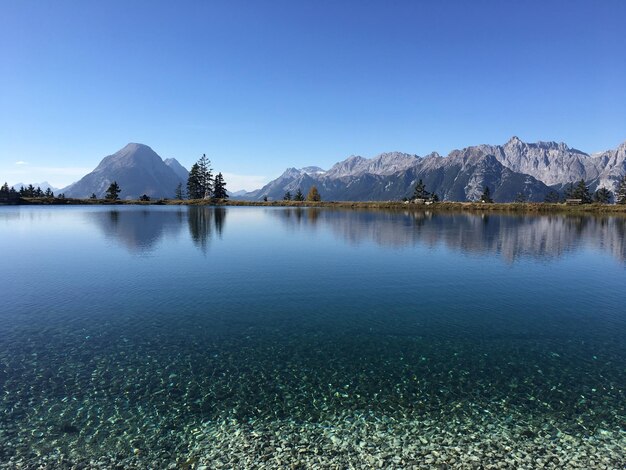 Scenic view of lake and mountains against clear blue sky