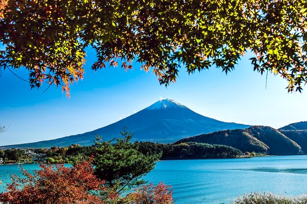 Scenic view of lake and mountains against clear blue sky