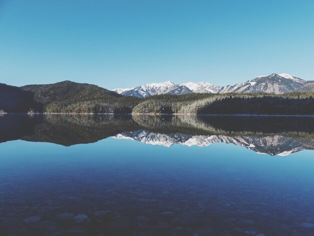 Scenic view of lake and mountains against clear blue sky