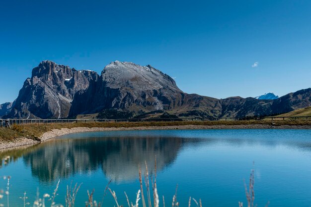 Scenic view of lake and mountains against clear blue sky