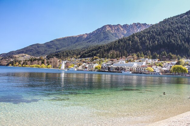 Scenic view of lake and mountains against clear sky