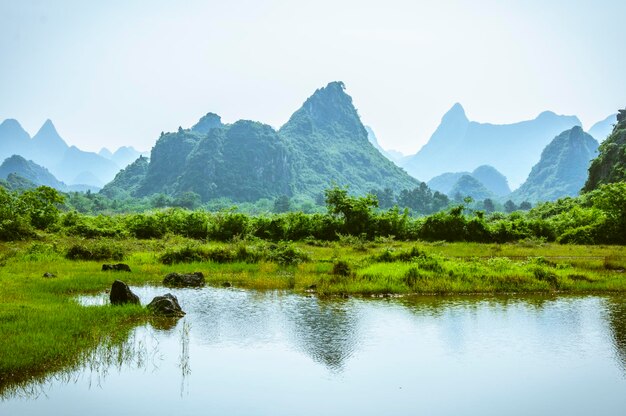 Scenic view of lake and mountains against clear sky