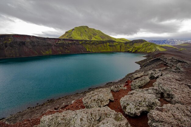 scenic view of lake and mountains against cloudy sky