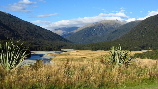 Scenic view of lake and mountains against sky