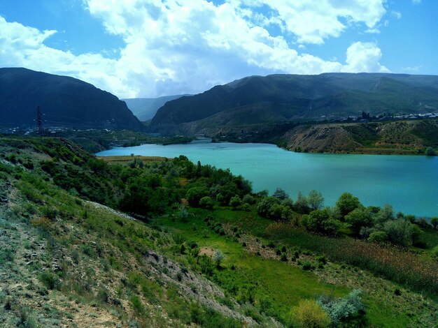 Scenic view of lake and mountains against sky