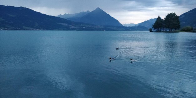 Scenic view of lake and mountains against sky