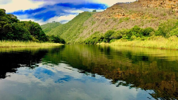 Scenic view of lake and mountains against sky