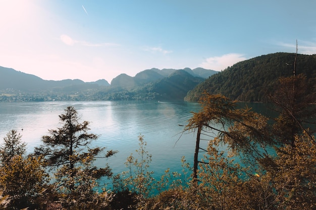 空の背景にある湖と山の景色