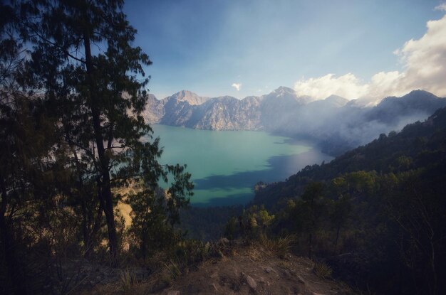 Scenic view of lake and mountains against sky