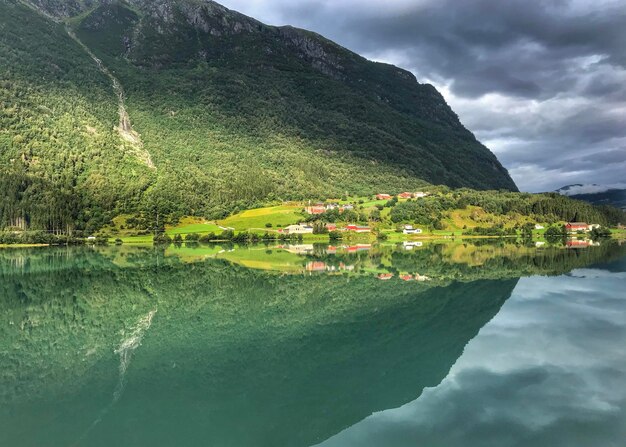 Scenic view of lake and mountains against sky